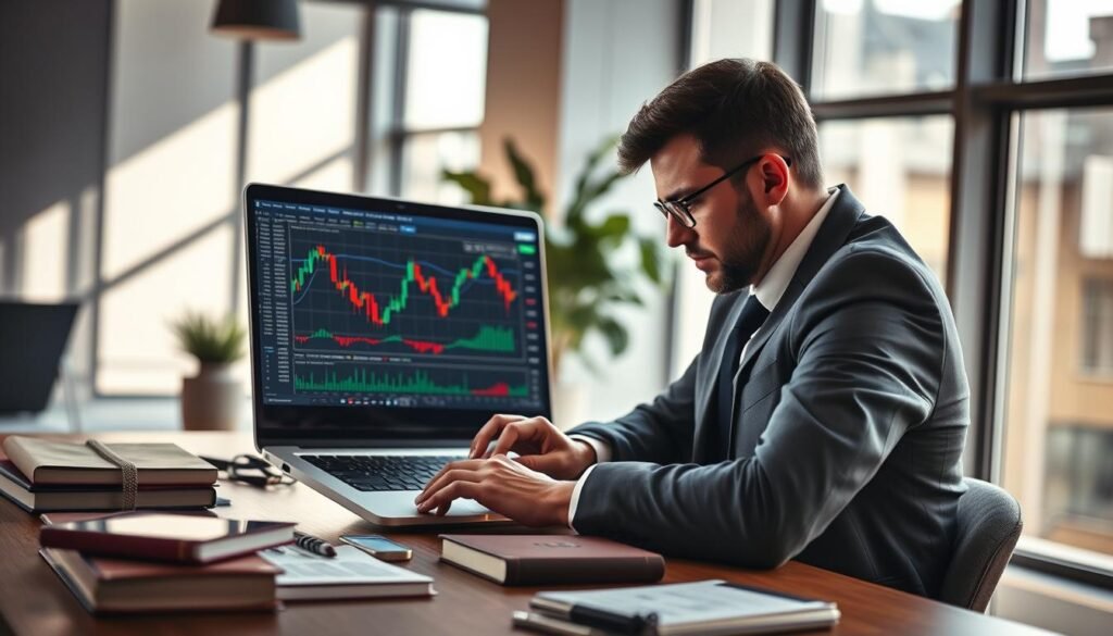 A visually striking image of financial trading tools available on IG, featuring a workspace with a sleek laptop displaying dynamic trading charts and financial data. In the foreground, a professional business person in smart attire is analyzing the laptop screen, with a focus on their thoughtful expression. The middle ground showcases organized, modern tools like a smartphone, tablet, and financial books, highlighting the digital and traditional aspects of trading. The background includes a stylish office environment with large windows allowing natural light to pour in, creating a warm and inviting atmosphere. Soft shadows add depth, emphasizing a sense of professionalism and focus on financial education and trading opportunities. The overall mood is optimistic and inspiring, reflecting the potential for financial growth and success.