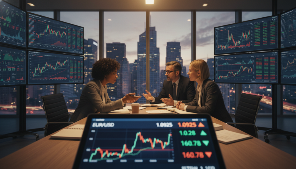 A central bank decision-making scene, featuring a diverse group of three financial analysts in professional business attire, deeply engaged in a discussion surrounded by charts and financial data screens. In the foreground, a glowing digital display shows fluctuating currency rates, while a soft focus on a modern office setting fills the middle ground with large windows overlooking a city skyline, indicating global economic activity. The background captures subtle details of a bustling metropolis, symbolizing the interconnectedness of global markets. Use warm, ambient lighting to create an inspiring, strategic atmosphere, with a wide-angle lens to emphasize the depth of the scene and the importance of collaboration. The overall mood should convey urgency and professionalism, reflecting the impact of central bank decisions on the financial world.