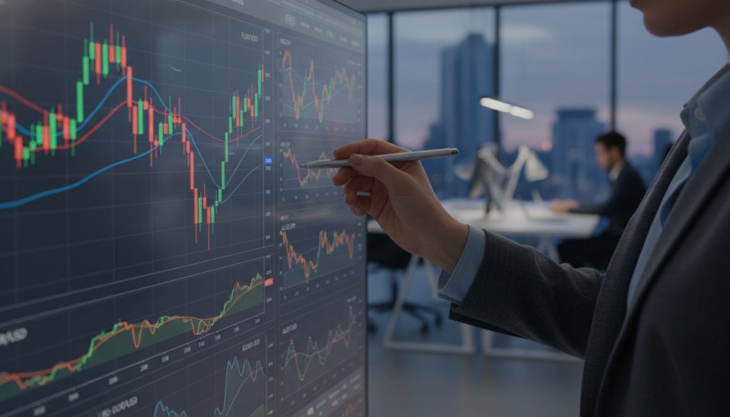 A close-up view of a digital trading screen displaying various currency charts and technical indicators such as candlestick patterns and moving averages. The foreground features a person's hands, elegantly manipulating the touchscreen with a stylus, showcasing a professional appearance in a smart casual outfit. In the middle, vibrant line graphs and colorful trend lines illustrate market movements, while a backdrop of a modern office environment emphasizes a sense of focus and professionalism. Soft, diffused lighting highlights the screens, creating a calm yet dynamic atmosphere. The overall mood conveys an analytical and methodical approach to forex trading and technical analysis, without any distractions or text elements.