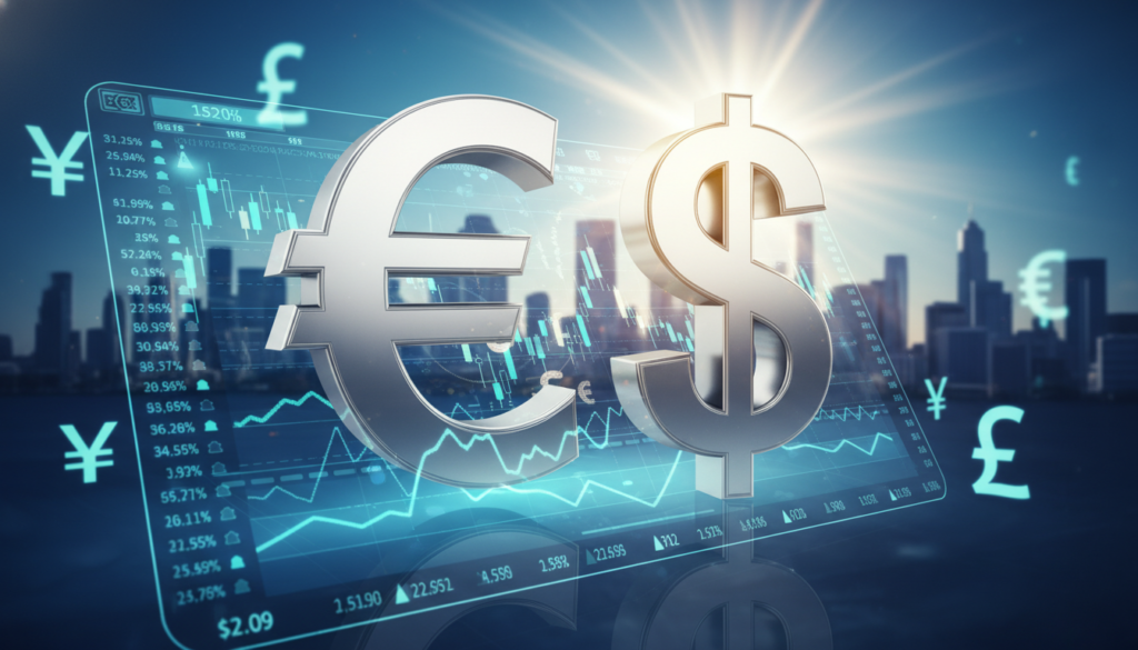 A detailed and elegant illustration showcasing the Euro-Dollar currency pair, symbolized by intertwined euro (€) and dollar ($) symbols, set against a backdrop of a bustling financial market. In the foreground, the symbols are prominently displayed, reflecting a shiny metallic texture with subtle light reflections. The middle layer depicts a digital trading screen displaying real-time forex data, with graphs indicating fluctuations, and various currency symbols floating around. In the background, a modern city skyline is visible, hinting at financial institutions. The lighting is bright and professional, creating a sense of optimism and growth. The atmosphere feels dynamic and energetic, embodying the complexities of forex trading, while maintaining a clean and professional aesthetic, free from any text or overlays.