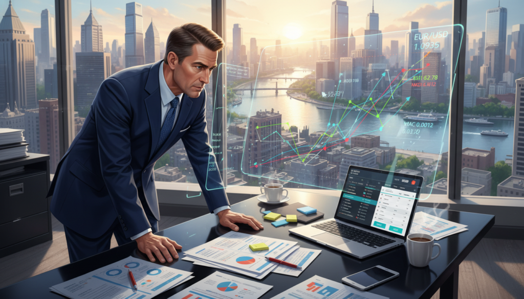 A detailed and engaging illustration depicting the analysis of the EUR/USD currency pair, ideal for beginners. In the foreground, a well-dressed financial analyst, a middle-aged man, is focused on a large digital screen displaying dynamic graphs with fluctuating currency rates and trading indicators. In the middle ground, stacks of financial reports are scattered across a sleek, modern desk, along with a laptop open to a forex trading platform. The background features a panoramic cityscape, symbolizing economic activity, with soft daylight filtering through large windows, creating a bright and professional atmosphere. The image conveys a sense of urgency and insight, highlighting the complexities of forex trading.