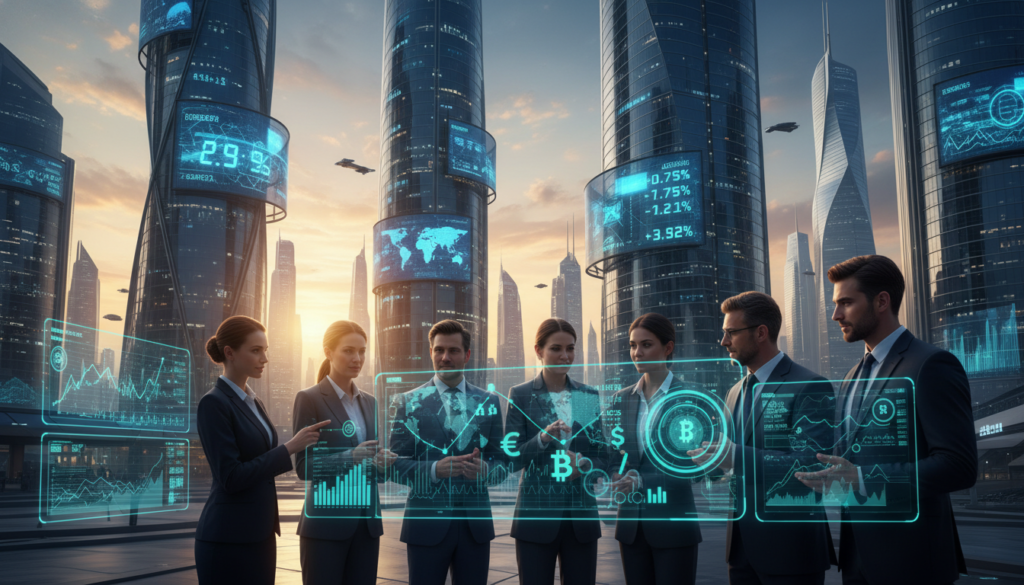 A futuristic cityscape representing the concept of "Fundamental Analysis 2026" for currency prediction. In the foreground, display a diverse group of business professionals in professional attire, engaging in discussion while analyzing digital charts and graphs on transparent screens. The middle layer features towering skyscrapers with digital billboards showing fluctuating currency values and economic indicators. The background showcases a vibrant sunrise casting warm light over the scene, illuminating the city and enhancing the energetic atmosphere. Use a slight aerial perspective to give depth, with a focus on blue and green color palettes to evoke a sense of trust and innovation in the financial sector. The overall mood should be dynamic and optimistic, reflecting the advancements in analytical techniques for currency forecasting.
