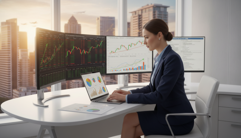 A professional financial analyst working at a sleek, modern office desk, surrounded by charts and graphs that illustrate fundamental analysis. In the foreground, the analyst, dressed in smart business attire with a focused expression, analyzes data on a laptop. The middle ground features a large monitor displaying stock market trends and economic indicators such as GDP and interest rates. In the background, a vibrant urban skyline can be seen through large windows, bathed in natural sunlight, evoking a sense of growth and opportunity. The atmosphere is dynamic and engaging, reflecting the importance of fundamental analysis in financial markets, with a bright and optimistic mood. The image should have soft, professional lighting, creating a warm yet productive environment.