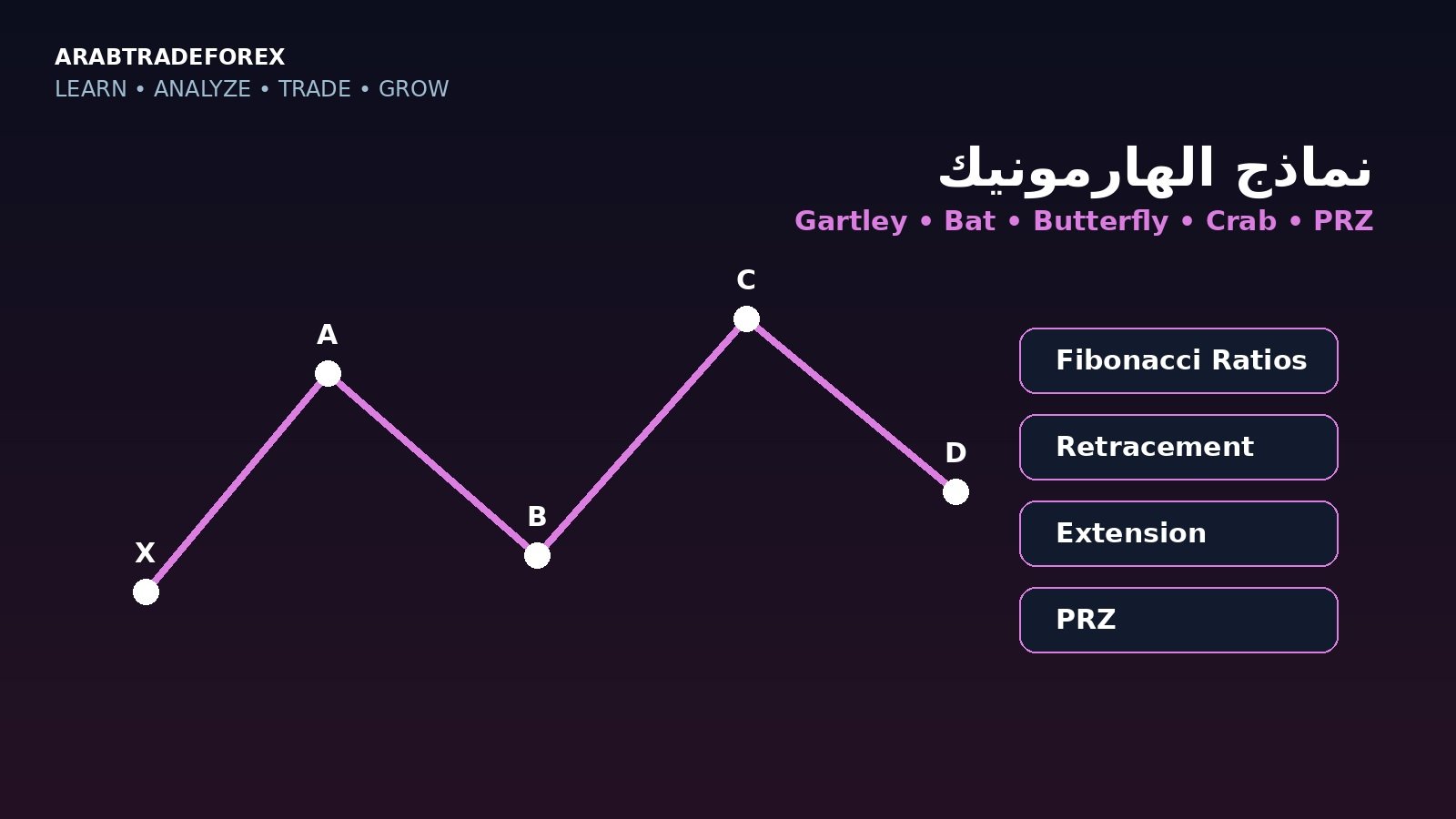 نماذج الهارمونيك: Gartley وBat وButterfly وCrab وPRZ وكيف تختبرها 1 نماذج الهارمونيك Gartley وBat وButterfly وCrab ومناطق PRZ