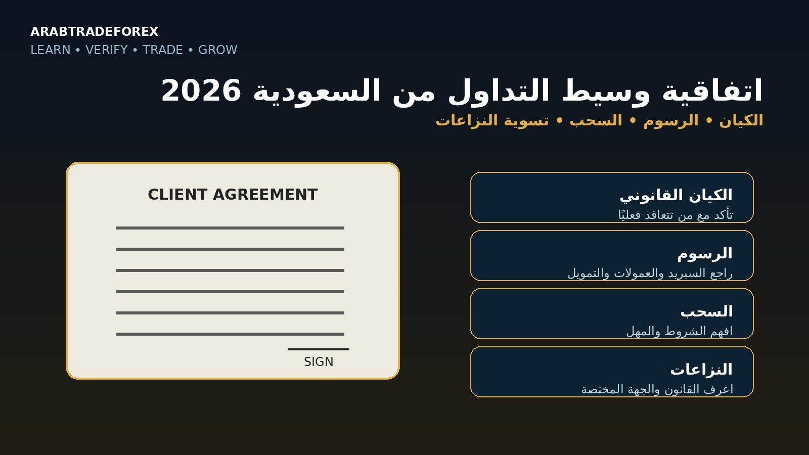 اتفاقية وسيط التداول من السعودية 2026 والتحقق من الكيان والرسوم والسحب وتسوية النزاعات