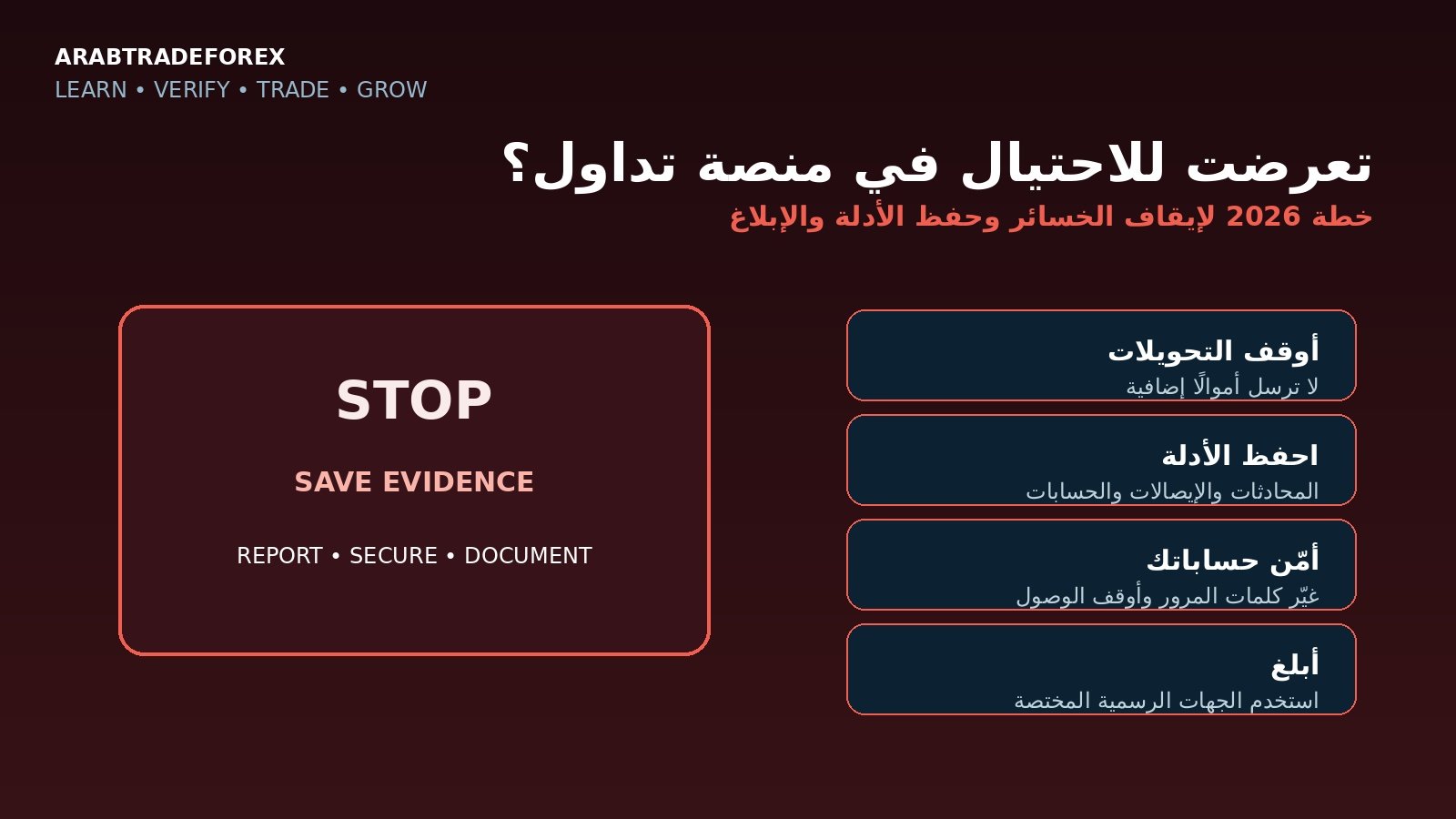 خطة 2026 للتعامل مع الاحتيال في منصة تداول وإيقاف الخسائر وحفظ الأدلة وتأمين الحسابات والإبلاغ