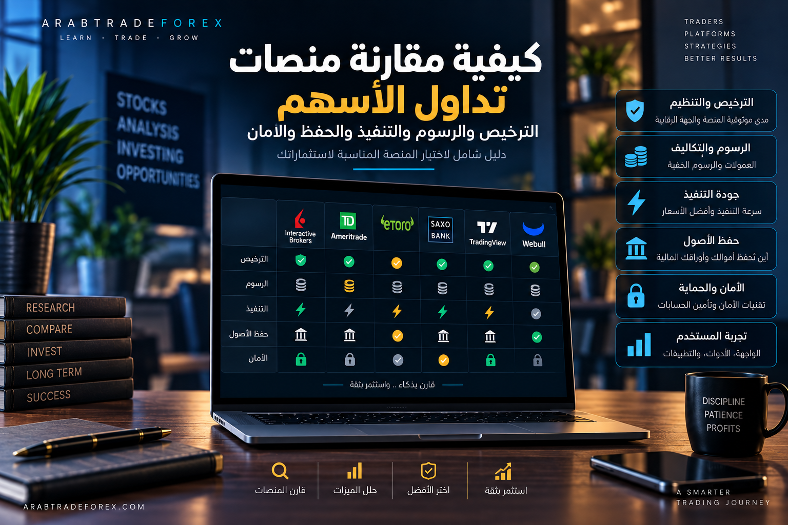 كيفية مقارنة منصات تداول الأسهم من حيث الترخيص والرسوم والتنفيذ والحفظ والأمان